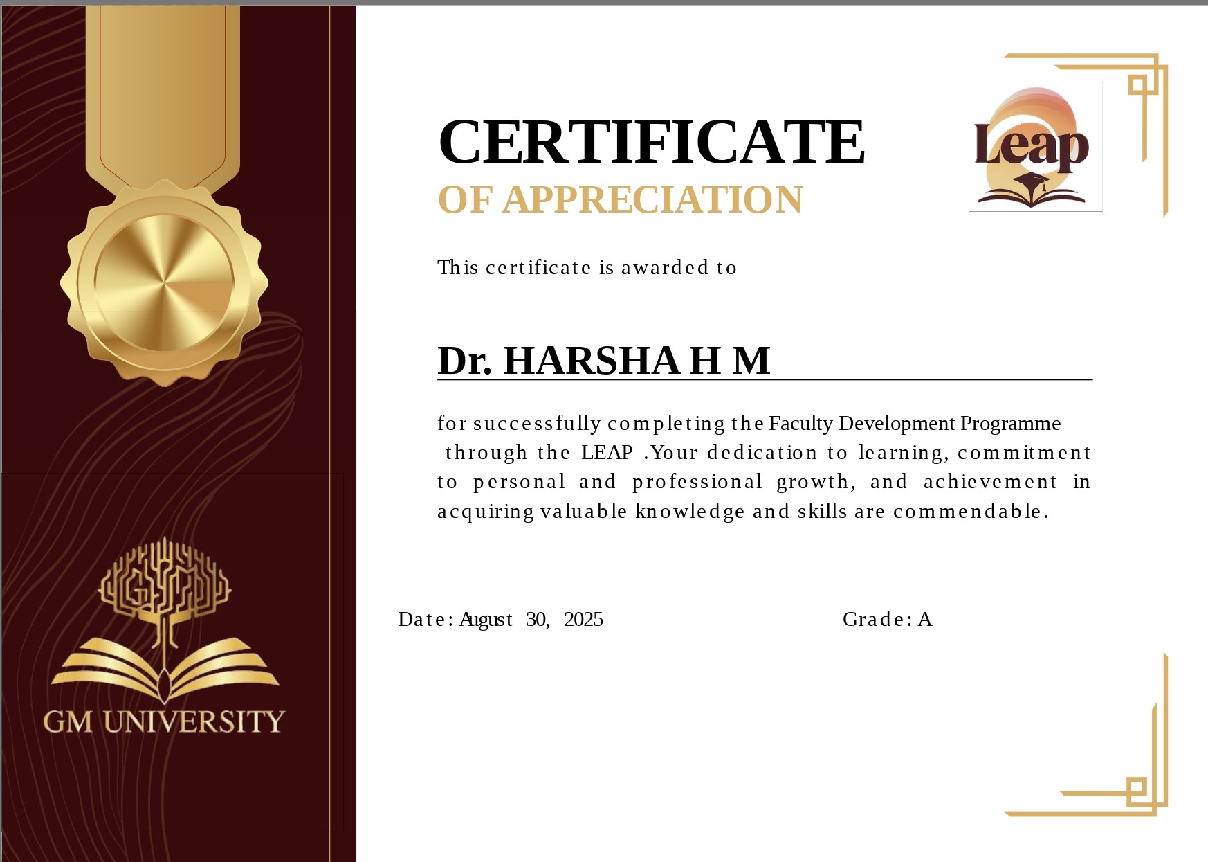 Dr. Harsha H M Faculty Development Certificate